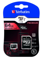 Micro SDHC kort. Premium Verbatim. 64 GB/GO. Inkl. Adapter