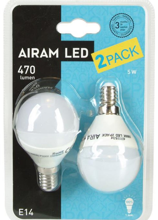 Airam LED Compact Pærer 5,5W (40W). E14. 2 stk pakning. A+ | Støvsugerposen