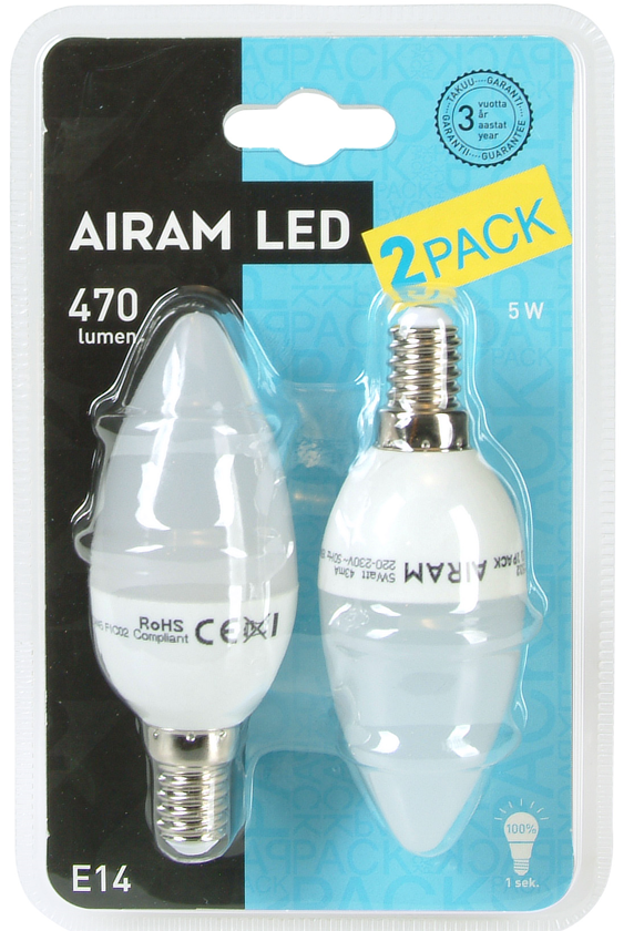 Airam LED Kerte Pærer 5W (40W). E14. 2 stk pakning. A+ | Støvsugerposen