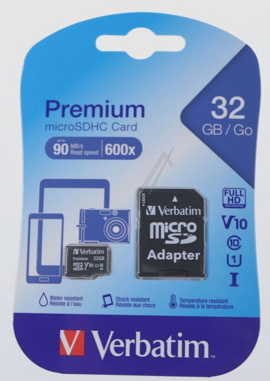 Micro SDHC kort. Premium Verbatim. 32 GB/GO. Inkl. Adapter | Støvsugerposen