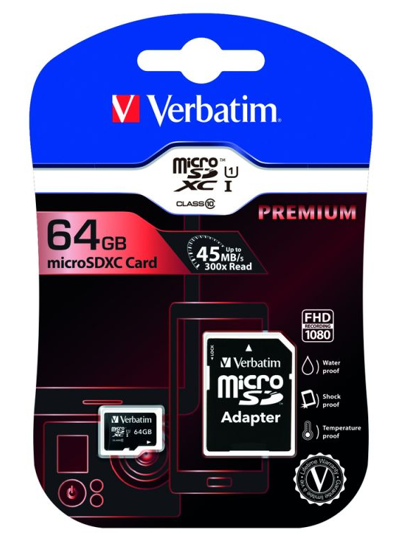 Micro SDHC kort. Premium Verbatim. 64 GB/GO. Inkl. Adapter | Støvsugerposen